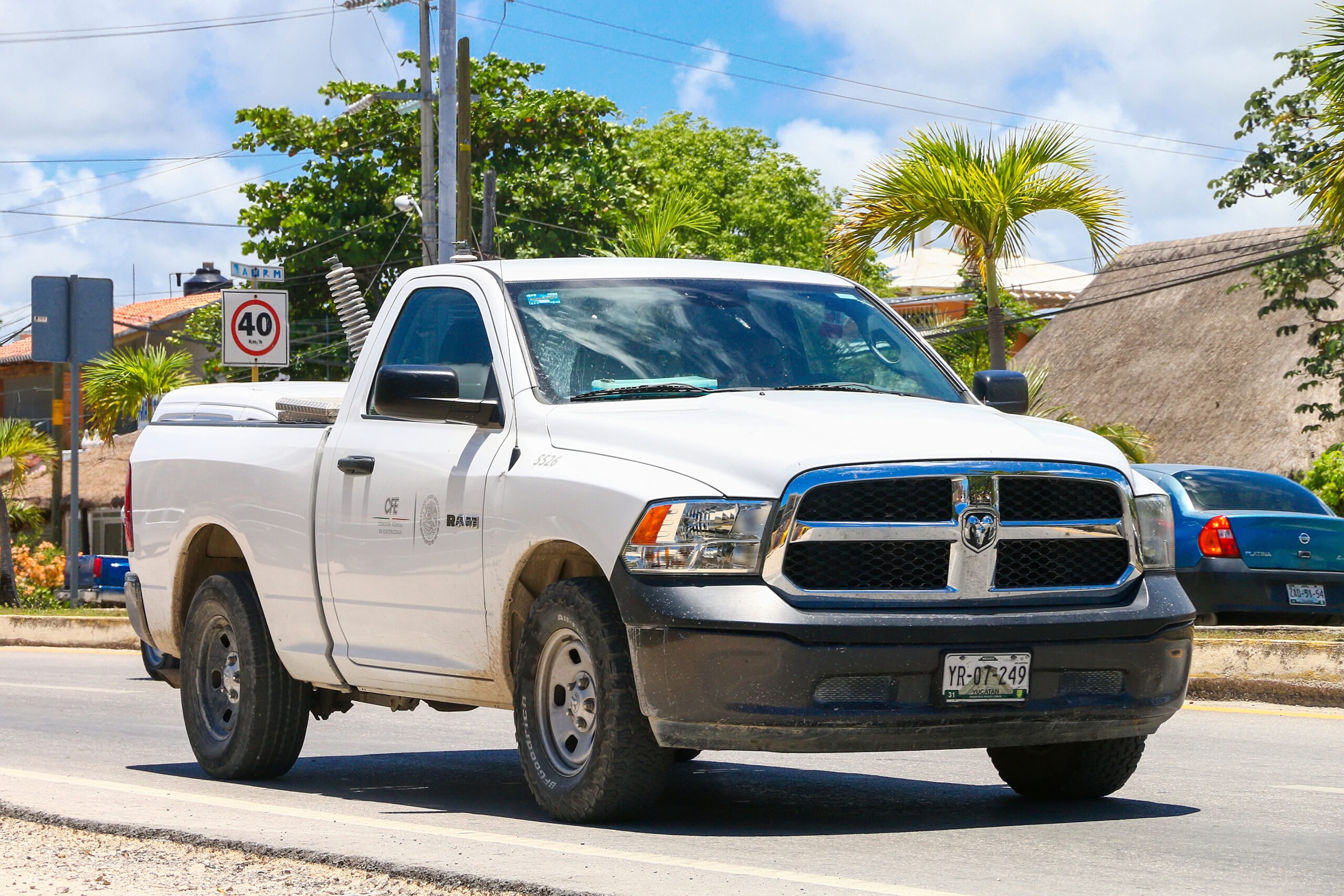 Tulum, Mexico - May 17, 2017: White pickup truck Dodge Ram in a city street.